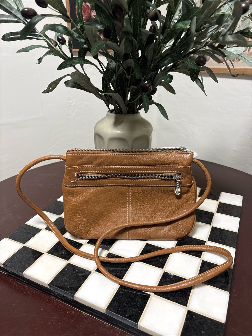 Tignanello Camel Tan Leather Crossbody Bag with Front Zip